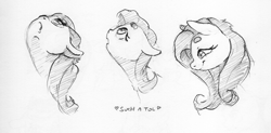 Size: 4470x2199 | Tagged: safe, artist:dilarus, ponerpics import, fluttershy, pegasus, pony, beanbrows, bust, deleted from derpibooru, eyebrows, female, heart, mare, monochrome, simple background, tallershy, tol, traditional art, white background