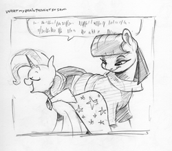 Size: 3905x3436 | Tagged: safe, artist:dilarus, ponerpics import, maud pie, trixie, earth pony, pony, unicorn, cape, clothes, comic, deleted from derpibooru, eyes on the prize, female, lesbian, look at my ass, mare, mauxie, monochrome, shipping, simple background, speech bubble, traditional art, trixie's cape, white background