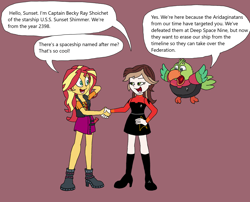 Size: 2358x1901 | Tagged: safe, artist:bugssonicx, derpibooru import, sunset shimmer, oc, oc:captain becky ray shoichet, oc:commander inat'p, bird, equestria girls, handshake, it's not about the parakeet, parakeet, star trek