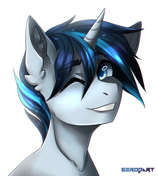 Size: 1700x1900 | Tagged: safe, artist:serodart, derpibooru import, oc, oc:solar gizmo, unicorn, bust, commission, looking at you, male, one eye closed, portrait, smiling, solo, wink, winking at you