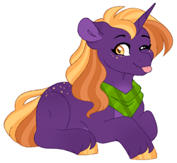 Size: 1024x948 | Tagged: safe, artist:hauntedphantom, derpibooru import, oc, oc only, pony, unicorn, blank flank, butt freckles, crack ship offspring, freckles, lying down, magical gay spawn, neckerchief, offspring, one eye closed, parent:big macintosh, parent:hoo'far, prone, simple background, solo, tongue, tongue out, transparent background, unshorn fetlocks, wink