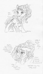 Size: 1773x3028 | Tagged: safe, artist:dilarus, ponerpics import, tree hugger, earth pony, pony, cute, deleted from derpibooru, dialogue, dreadlocks, female, headscarf, huggerbetes, mare, monochrome, scarf, simple background, traditional art, white background