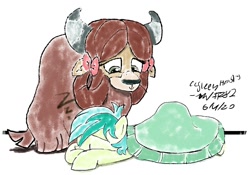 Size: 1250x875 | Tagged: safe, artist:johnerose126, derpibooru import, sandbar, yona, earth pony, pony, yak, female, male, shipping, sleeping, straight, yonabar