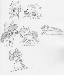 Size: 2355x2724 | Tagged: safe, artist:dilarus, ponerpics import, apple bloom, scootaloo, dog, earth pony, pegasus, pony, bow, deleted from derpibooru, female, filly, foal, monochrome, simple background, tentacles, traditional art, white background