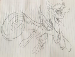 Size: 1080x815 | Tagged: safe, artist:moshi.poni, derpibooru import, rainbow dash, kirin, chest fluff, cloven hooves, eyelashes, female, horn, kirin rainbow dash, kirin-ified, leonine tail, lineart, lined paper, smiling, solo, species swap, traditional art, winged kirin, wings
