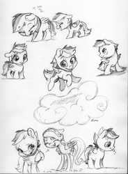 Size: 4785x6493 | Tagged: safe, artist:dilarus, ponerpics import, fluttershy, rainbow dash, pegasus, pony, beanbrows, cloud, deleted from derpibooru, ears, eyebrows, female, filly, floppy ears, laughing, monochrome, raspberry, simple background, size difference, smoldash, tallershy, tongue, tongue out, traditional art, white background, younger