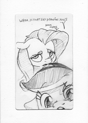 Size: 1632x2296 | Tagged: safe, artist:dilarus, ponerpics import, fluttershy, rainbow dash, pegasus, pony, beanbrows, breaking the fourth wall, close-up, deleted from derpibooru, dialogue, ears, eyebrows, female, floppy ears, mare, monochrome, photobomb, simple background, smoldash, tallershy, traditional art, white background