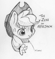 Size: 915x986 | Tagged: safe, artist:dilarus, ponerpics import, applejack, earth pony, pony, applejack's hat, bust, clothes, cowboy hat, deleted from derpibooru, female, freckles, hat, mare, monochrome, simple background, solo, traditional art, white background