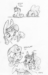 Size: 1418x2187 | Tagged: safe, artist:dilarus, ponerpics import, carrot top, golden harvest, spike, twilight sparkle, dragon, earth pony, pony, rabbit, snake, comic:the many faces of twilight sparkle, animal, biting, bunnified, bunny ears, bust, butt bite, carrot, deleted from derpibooru, dialogue, female, food, horn, mare, monochrome, not salmon, onomatopoeia, simple background, snek, species swap, traditional art, wat, white background