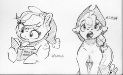 Size: 1619x996 | Tagged: safe, artist:dilarus, ponerpics import, applejack, earth pony, pony, applejack's hat, book, clothes, cowboy hat, deleted from derpibooru, ears, female, floppy ears, freckles, hat, mare, monochrome, onomatopoeia, open mouth, simple background, sudden realization, traditional art, white background