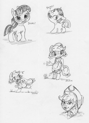 Size: 2069x2878 | Tagged: safe, artist:dilarus, ponerpics import, applejack, twilight sparkle, anthro, human, pony, unguligrade anthro, unicorn, anthro with ponies, applejack's hat, black and white, bookhorse, bust, clothes, cowboy hat, deleted from derpibooru, dialogue, female, filly, freckles, grayscale, hat, humanized, looking at you, monochrome, open mouth, running, simple background, sketch, traditional art, waving, white background