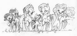 Size: 3118x1483 | Tagged: safe, artist:dilarus, ponerpics import, applejack, fluttershy, pinkie pie, rainbow dash, rarity, twilight sparkle, twilight sparkle (alicorn), alicorn, earth pony, pegasus, pony, unicorn, applejack's hat, black and white, clothes, cowboy hat, deleted from derpibooru, female, grayscale, hat, height scale, mane six, mare, monochrome, simple background, size difference, sketch, smoldash, tallershy, traditional art, white background