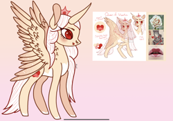 Size: 2388x1668 | Tagged: safe, artist:caramelbolt24, derpibooru import, oc, oc only, alicorn, pony, alicorn oc, ear fluff, ears, female, flower, horn, mare, pink background, reference sheet, rose, signature, simple background, wings