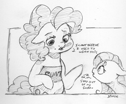 Size: 2105x1739 | Tagged: safe, artist:dilarus, ponerpics import, fluttershy, pinkie pie, earth pony, pegasus, pony, .mov, beanbrows, black and white, clothes, deleted from derpibooru, dialogue, ears, eyebrows, female, floppy ears, grayscale, makeup, mare, monochrome, party.mov, shed.mov, simple background, sketch, traditional art, vulgar, white background