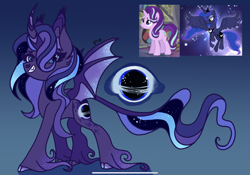 Size: 2388x1668 | Tagged: safe, artist:caramelbolt24, derpibooru import, screencap, princess luna, starlight glimmer, oc, oc:galactic eclipse, alicorn, bat pony, bat pony alicorn, pony, unicorn, bat wings, black hole, ear fluff, ears, ethereal mane, female, flying, gradient background, hoof fluff, horn, magical lesbian spawn, mare, offspring, parent:princess luna, parent:starlight glimmer, parents:starluna, screencap reference, signature, starry mane, unshorn fetlocks, wings