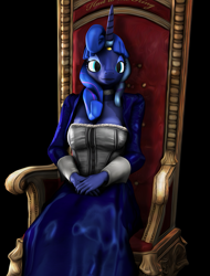 Size: 819x1080 | Tagged: safe, artist:litterpaws, derpibooru import, princess luna, anthro, 3d, alternate hairstyle, clothes, corset, female, hands in lap, horn, horn ring, looking at you, ring, source filmmaker, throne, wingless, wingless anthro