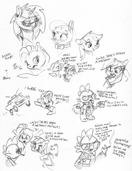 Size: 2426x3155 | Tagged: safe, artist:dilarus, part of a set, ponerpics import, dj pon-3, fluttershy, octavia melody, rainbow dash, spike, vinyl scratch, dragon, earth pony, pegasus, pony, unicorn, black and white, coffee mug, corpse, deleted from derpibooru, dialogue, female, glasses, grayscale, male, mare, monochrome, mug, police car, police uniform, simple background, sketch, sunglasses, traditional art, vulgar, white background