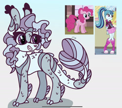 Size: 1894x1668 | Tagged: safe, artist:caramelbolt24, derpibooru import, screencap, oc, oc:party planner, earth pony, pony, siren, equestria girls, rainbow rocks, abstract background, clothes, crack ship offspring, ear fluff, ears, female, grin, interspecies offspring, looking back, magical lesbian spawn, mare, offspring, parent:pinkie pie, parent:sonata dusk, screencap reference, signature, siren oc, smiling