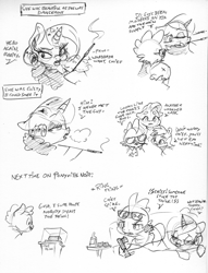 Size: 2449x3199 | Tagged: safe, artist:dilarus, part of a set, ponerpics import, fluttershy, rainbow dash, rarity, spike, dragon, pegasus, pony, unicorn, black and white, cigarette, clothes, deleted from derpibooru, dialogue, female, grayscale, lipstick, male, mare, monochrome, shipping, simple background, sketch, sparity, straight, sunglasses, traditional art, white background