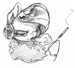 Size: 1236x1119 | Tagged: safe, artist:dilarus, part of a set, ponerpics import, rarity, pony, unicorn, black and white, cigarette, clothes, deleted from derpibooru, female, grayscale, lipstick, mare, monochrome, simple background, sketch, traditional art, white background