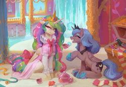 Size: 3931x2704 | Tagged: safe, artist:orchidpony, derpibooru import, princess celestia, princess luna, alicorn, pony, :t, bow, celestia is not amused, clothes, dress, duo, duo female, embarrassed, eyes closed, female, grin, hair bow, mare, princess luna is amused, royal sisters, ruff (clothing), siblings, sisters, sitting, smiling, tail bow, teapot, unamused, waterfall