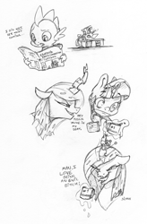 Size: 1920x2920 | Tagged: safe, artist:dilarus, ponerpics import, queen chrysalis, spike, twilight sparkle, twilight sparkle (alicorn), alicorn, changeling, changeling queen, dragon, pony, coffee mug, comic, deleted from derpibooru, dialogue, ears, female, floppy ears, magic, male, mare, mug, newspaper, simple background, sketch, spit take, telekinesis, traditional art, vulgar, white background
