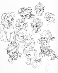 Size: 2451x3096 | Tagged: safe, artist:dilarus, ponerpics import, apple bloom, applejack, fluttershy, pinkie pie, rainbow dash, sweetie belle, twilight sparkle, alicorn, earth pony, unicorn, ..., applejack's hat, beanbrows, boop, chubby, clothes, cowboy hat, deleted from derpibooru, dialogue, ears, eyebrows, female, filly, floppy ears, freckles, glasses, hat, mare, monochrome, noseboop, open mouth, pudgy pie, simple background, traditional art, white background