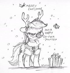 Size: 1557x1619 | Tagged: safe, artist:dilarus, ponerpics import, rainbow dash, pegasus, pony, antlers, christmas, christmas spirit, deleted from derpibooru, dialogue, female, holiday, mare, monochrome, present, rainbow dash is not amused, red nose, reindeer antlers, simple background, smoldash, snow, snowfall, traditional art, unamused, vulgar, white background