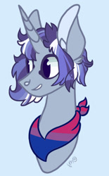 Size: 1012x1628 | Tagged: safe, artist:caramelbolt24, derpibooru import, oc, oc only, pony, unicorn, bisexual pride flag, blue background, bust, commission, ear fluff, ears, grin, horn, neckerchief, pride, pride flag, signature, simple background, smiling, solo, unicorn oc, ych result