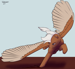 Size: 2140x1971 | Tagged: safe, artist:flashnoteart, derpibooru import, oc, oc:hotshot butcher, pegasus, colored, flying, male, simple background, solo, wings