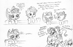 Size: 2456x1584 | Tagged: safe, artist:dilarus, part of a set, ponerpics import, apple bloom, bessie, scootaloo, bird, chicken, cow, earth pony, pegasus, pony, ..., apple bloom's bow, bow, comic, deleted from derpibooru, dialogue, freckles, hair bow, implied applejack, monochrome, simple background, traditional art, white background