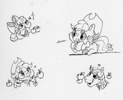 Size: 1843x1495 | Tagged: safe, artist:dilarus, ponerpics import, apple bloom, applejack, big macintosh, earth pony, pony, apple, apple bloom's bow, applejack's hat, bow, clothes, cowboy hat, deleted from derpibooru, female, filly, food, freckles, hair bow, hat, heart, male, mare, missing accessory, monochrome, onomatopoeia, simple background, stallion, stars, that pony sure does love apples, traditional art, white background