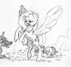 Size: 3920x3689 | Tagged: safe, artist:dilarus, ponerpics import, fluttershy, rainbow dash, pegasus, pony, timber wolf, badass, beanbrows, deleted from derpibooru, eyebrows, female, fierce, flutterbadass, injured, mare, monochrome, protecting, simple background, size difference, smoldash, tallershy, traditional art, white background
