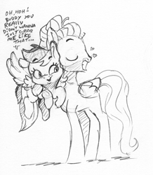 Size: 1351x1546 | Tagged: safe, artist:dilarus, ponerpics import, rainbow dash, zephyr breeze, pegasus, pony, flutter brutter, ..., book, deleted from derpibooru, dialogue, female, five o'clock shadow, hape, heart, hug, male, mare, monochrome, simple background, size difference, smoldash, stallion, this will end in pain, traditional art, white background