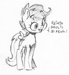 Size: 970x1050 | Tagged: safe, artist:dilarus, ponerpics import, scootaloo, pegasus, pony, deleted from derpibooru, dialogue, female, implied rainbow dash, mare, monochrome, simple background, solo, speech bubble, traditional art, white background