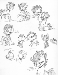 Size: 2458x3166 | Tagged: safe, artist:dilarus, ponerpics import, rainbow dash, scootaloo, bird, chicken, pegasus, pony, abstract, deleted from derpibooru, dialogue, doctor, female, filly, mare, monochrome, scootachicken, scootalove, simple background, size difference, smoldash, traditional art, white background