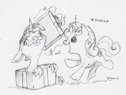 Size: 1874x1418 | Tagged: safe, artist:dilarus, ponerpics import, sweetie belle, twilight sparkle, pony, unicorn, comic:sweetie belle—master of twilights, comic:the many faces of twilight sparkle, box, cutie mark, deleted from derpibooru, female, filly, glowing horn, horn, magic, monochrome, not salmon, onomatopoeia, pony in a box, present, simple background, species swap, squeaky belle, telekinesis, the cmc's cutie marks, traditional art, wat, white background