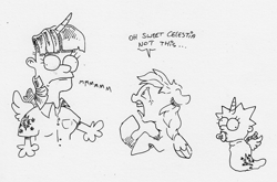 Size: 2146x1418 | Tagged: safe, artist:dilarus, ponerpics import, rainbow dash, twilight sparkle, twilight sparkle (alicorn), alicorn, human, pegasus, pony, comic:the many faces of twilight sparkle, ..., baby, cutie mark on clothes, deleted from derpibooru, dialogue, ears, female, floppy ears, humanized, maggie simpson, mare, monochrome, not salmon, scared, simple background, species swap, the simpsons, traditional art, wat, white background