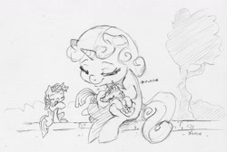 Size: 2173x1456 | Tagged: safe, artist:dilarus, ponerpics import, sweetie belle, twilight sparkle, pony, unicorn, comic:sweetie belle—master of twilights, comic:the many faces of twilight sparkle, behaving like a cat, cute, deleted from derpibooru, diasweetes, female, filly, monochrome, purring, simple background, size difference, traditional art, wat, white background