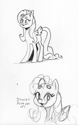 Size: 1392x2231 | Tagged: safe, artist:dilarus, ponerpics import, fluttershy, pegasus, pony, beanbrows, deleted from derpibooru, dialogue, eyebrows, female, mare, monochrome, out of character, simple background, solo, tallershy, traditional art, vulgar, white background