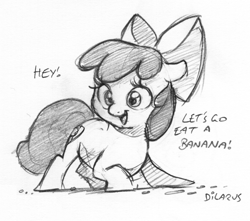 Size: 958x845 | Tagged: safe, artist:dilarus, ponerpics import, apple bloom, earth pony, pony, the washouts (episode), apple bloom's bow, bananabloom, bow, deleted from derpibooru, dialogue, dishonorapple, female, hair bow, implied banana, mare, monochrome, simple background, traditional art, white background