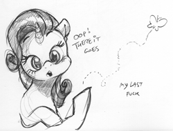 Size: 1533x1166 | Tagged: safe, artist:dilarus, ponerpics import, rarity, butterfly, pony, unicorn, deleted from derpibooru, dialogue, female, mare, monochrome, no fucks, open mouth, simple background, traditional art, vulgar, white background