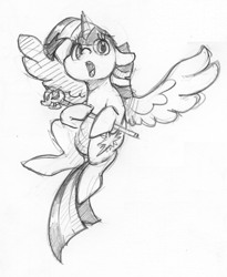 Size: 1268x1546 | Tagged: safe, artist:dilarus, ponerpics import, twilight sparkle, twilight sparkle (alicorn), alicorn, pony, deleted from derpibooru, ears, female, floppy ears, flying, mare, monochrome, open mouth, scepter, simple background, solo, traditional art, twilight scepter, white background