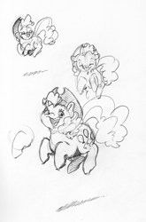 Size: 1959x2965 | Tagged: safe, artist:dilarus, ponerpics import, pinkie pie, earth pony, pony, accessory theft, applejack's hat, chubby, clothes, cowboy hat, cute, deleted from derpibooru, diapinkes, ears, female, floppy ears, hat, mare, monochrome, open mouth, pronking, raspberry, shading, simple background, solo, tongue, tongue out, traditional art, white background