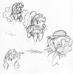 Size: 1589x1615 | Tagged: safe, artist:dilarus, ponerpics import, pinkie pie, earth pony, pony, accessory theft, applejack's hat, chubby, clothes, cowboy hat, cute, deleted from derpibooru, dialogue, diapinkes, ears, female, floppy ears, hat, howdy, mare, monochrome, pronking, raspberry, shading, simple background, solo, tongue, tongue out, traditional art, white background