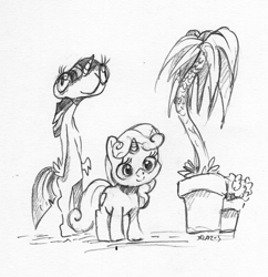 Size: 1550x1601 | Tagged: safe, artist:dilarus, ponerpics import, sweetie belle, twilight sparkle, anthro, pony, unicorn, comic:sweetie belle—master of twilights, comic:the many faces of twilight sparkle, deleted from derpibooru, female, filly, monochrome, not salmon, palm tree, potted plant, simple background, traditional art, tree, wat, white background