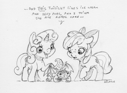 Size: 1997x1465 | Tagged: safe, artist:dilarus, ponerpics import, apple bloom, sweetie belle, twilight sparkle, earth pony, lizard, pony, unicorn, comic:sweetie belle—master of twilights, comic:the many faces of twilight sparkle, ..., bat wings, black and white, deleted from derpibooru, dialogue, female, filly, freckles, grayscale, horn, monochrome, simple background, sketch, species swap, traditional art, wat, white background, wings