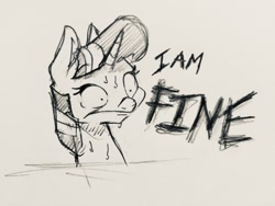 Size: 2048x1536 | Tagged: safe, artist:dilarus, ponerpics import, twilight sparkle, alicorn, pony, blatant lies, deleted from derpibooru, female, grayscale, mare, monochrome, simple background, solo, sweat, twilighting, white background