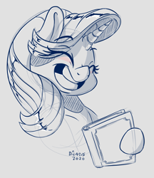 Size: 1731x2007 | Tagged: safe, artist:dilarus, ponerpics import, starlight glimmer, pony, unicorn, memnagerie, spoiler:memnagerie, spoiler:mlp friendship is forever, blushing, book, bust, deleted from derpibooru, digital art, female, mare, monochrome, scene interpretation, signature, simple background, smiling, solo, white background