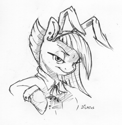 Size: 1370x1407 | Tagged: safe, artist:dilarus, ponerpics import, limestone pie, earth pony, pony, bunny ears, bust, clothes, deleted from derpibooru, female, looking at you, mare, monochrome, signature, simple background, smiling, traditional art, white background